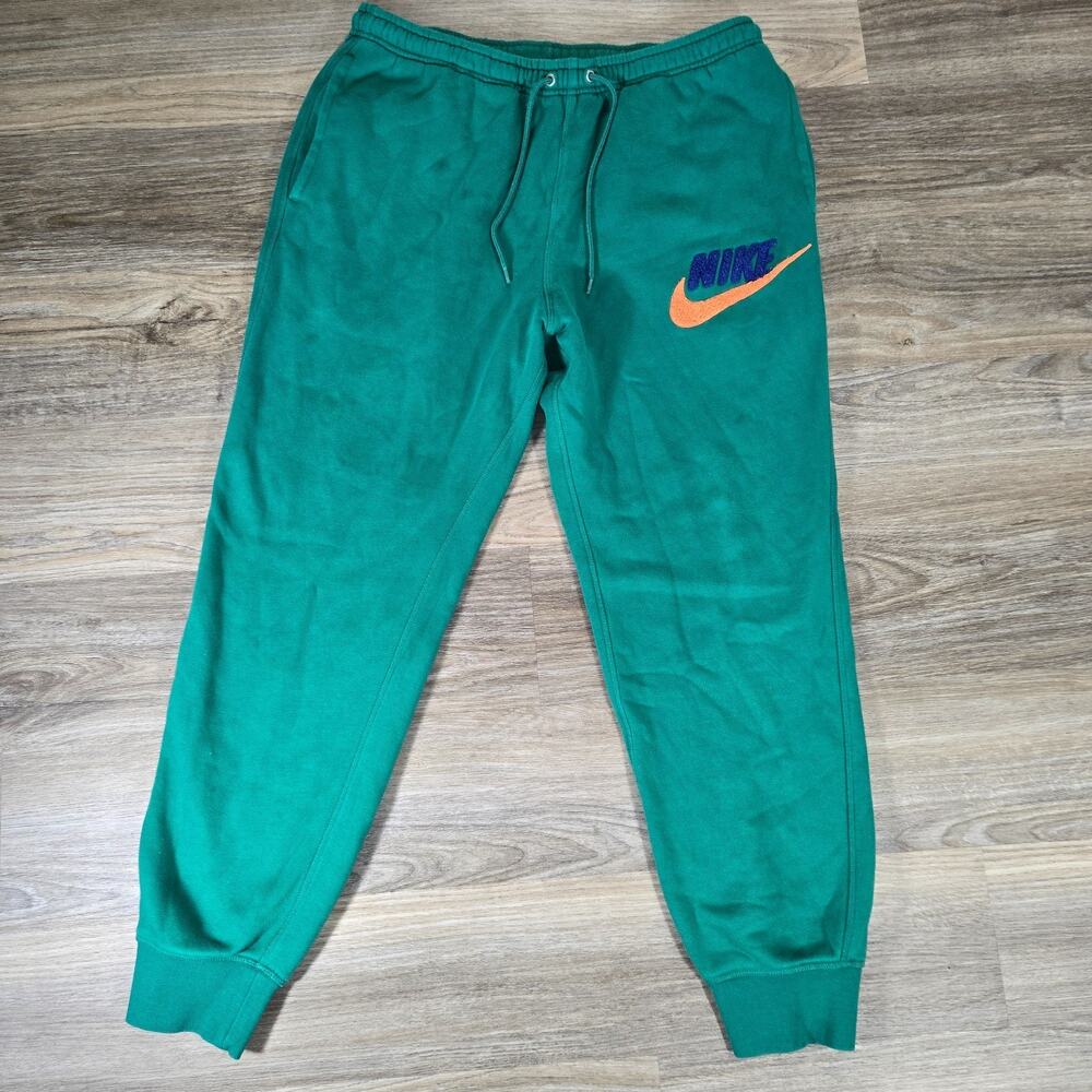 Nike Club Fleece Joggers Mens L Green Chenille Logo Sweatpants Drawstring Pocket